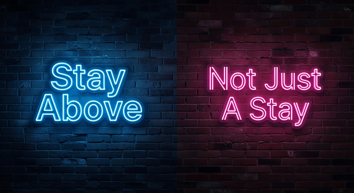 Glowing neon sign reading 'Stay Above' against a dark brick wall