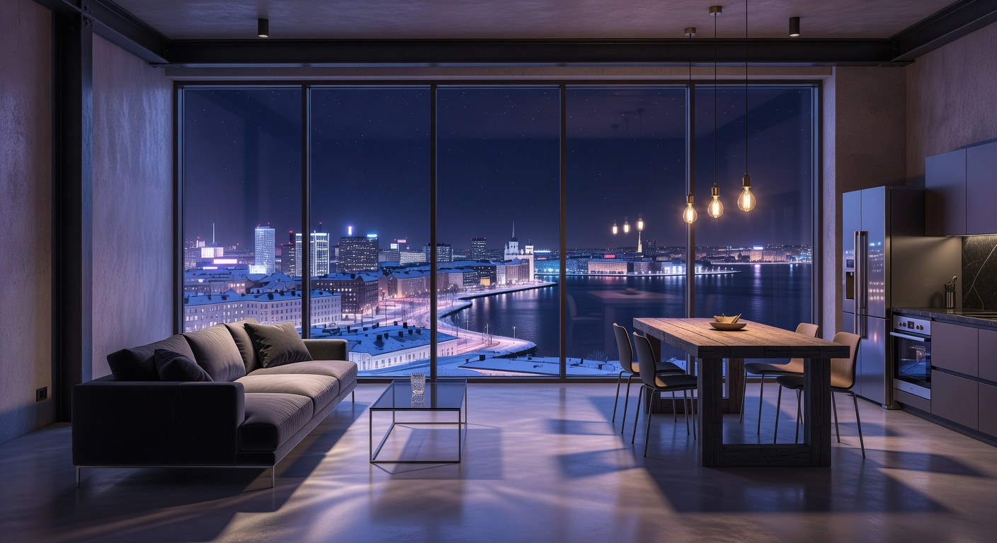 City Loft featuring floor to ceiling windows overlooking the Finland night skyline