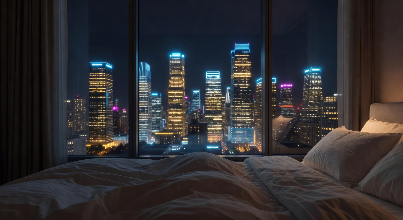 View from the bed looking straight out the window at the glowing buildings