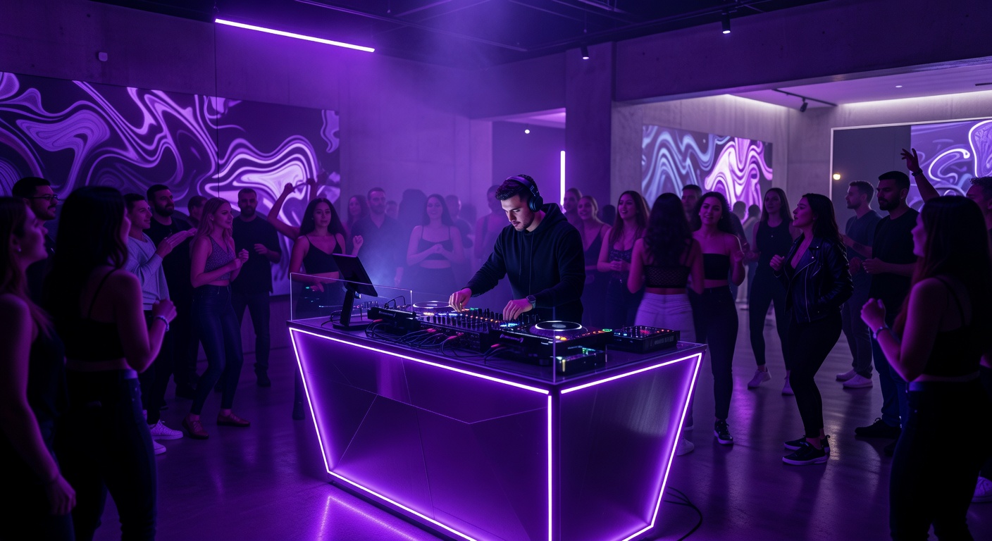 DJ booth lit up in neon purple during a weekend lobby party