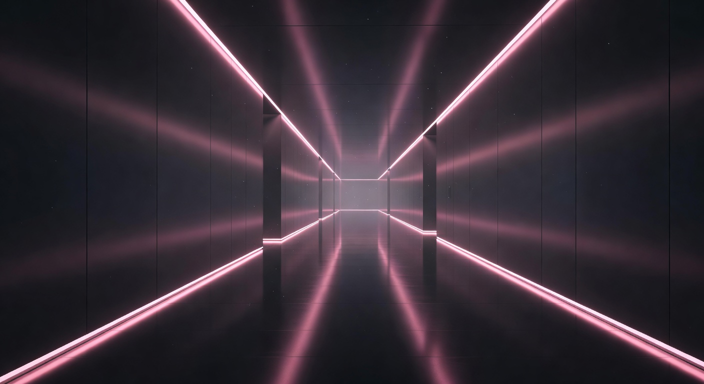 Futuristic hotel hallway with leading lines of pink neon strip lights