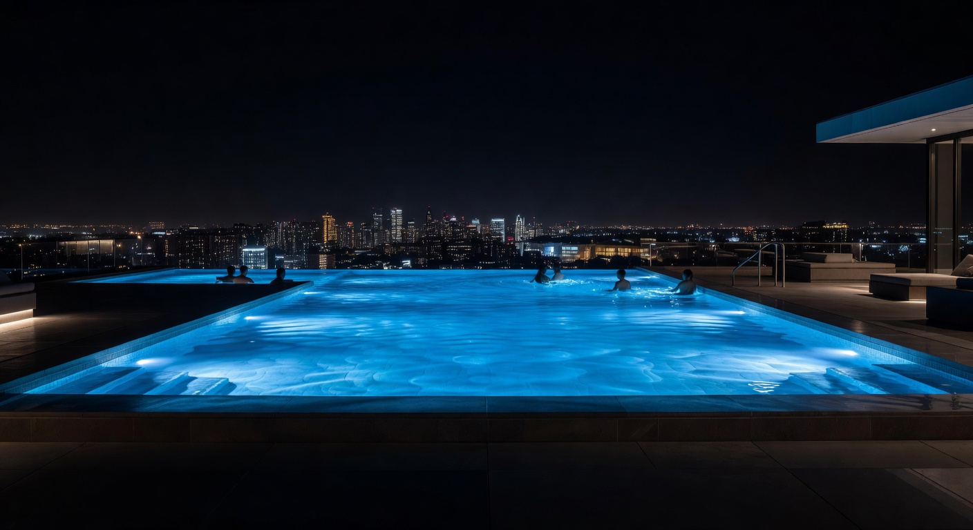 Infinity pool glowing blue at night overlooking the city