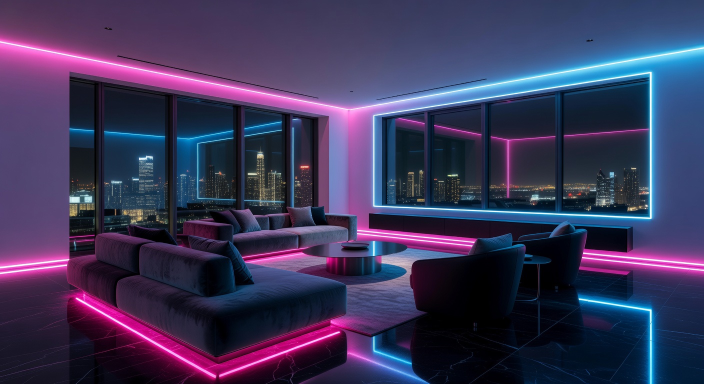 Neon Suite showing spacious living area with pink and blue accent lights
