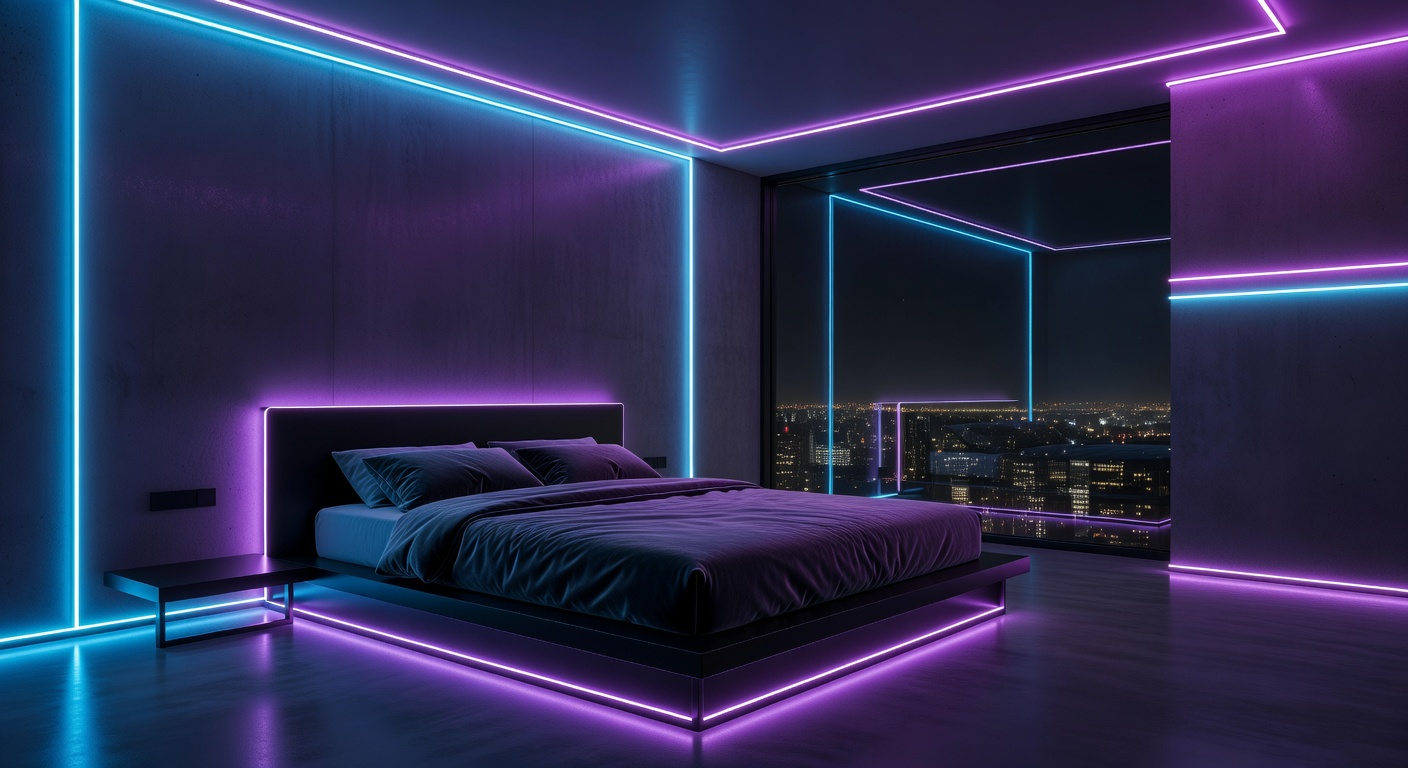 Interior view of the Sky Room with neon lighting and modern bed